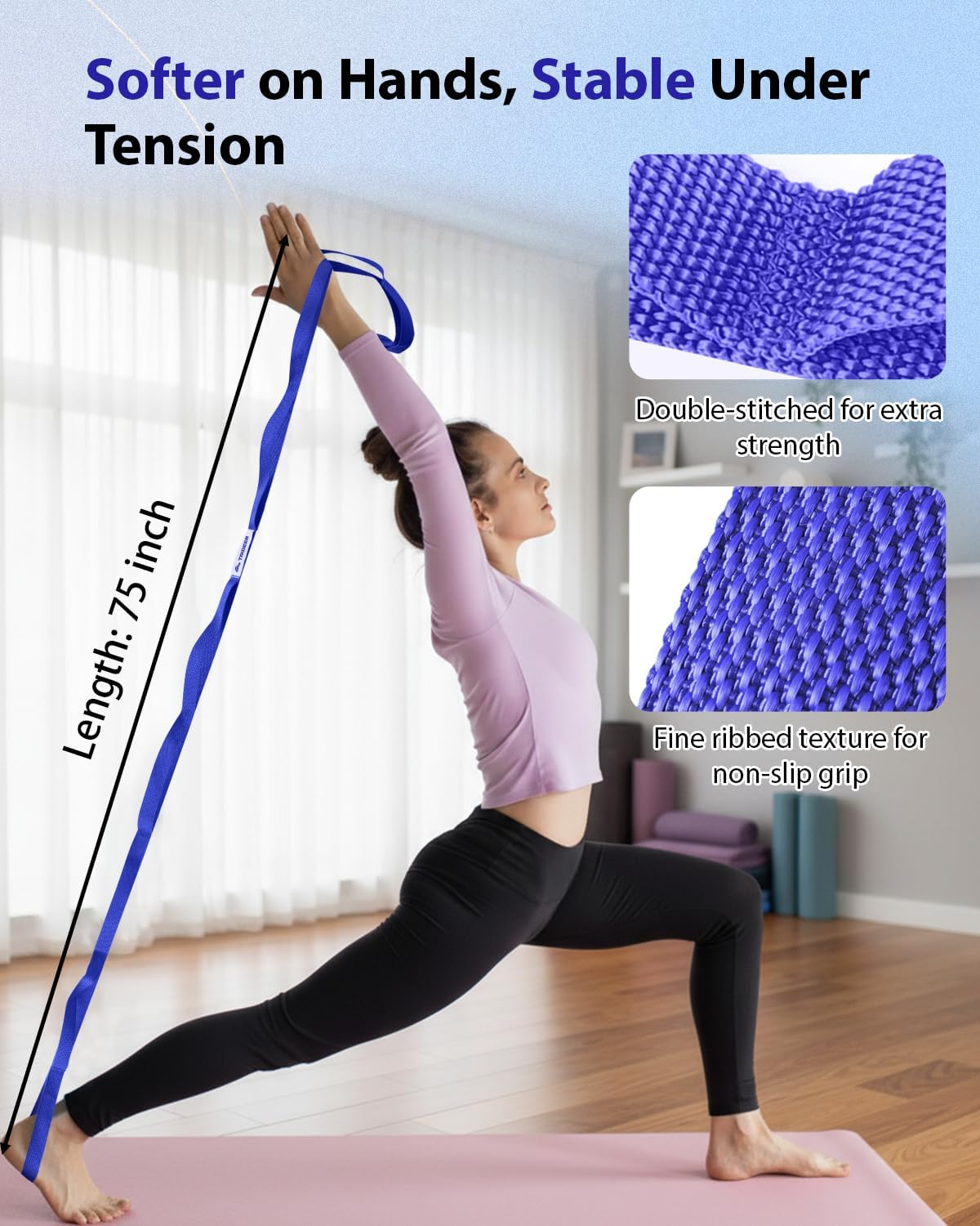 Stretching Strap with Loops & Leg Lifter, Non-Elastic PT-Style Physical Therapy Strap for Knee Replacement Rehab, Hamstring, Calf & Back Stretcher Mobility, Hip, Shoulder & Yoga