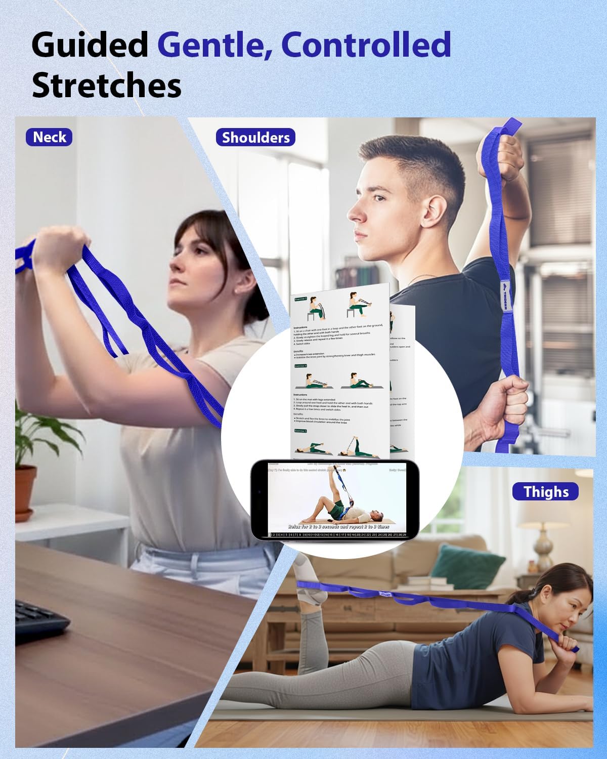 Stretching Strap with Loops & Leg Lifter, Non-Elastic PT-Style Physical Therapy Strap for Knee Replacement Rehab, Hamstring, Calf & Back Stretcher Mobility, Hip, Shoulder & Yoga