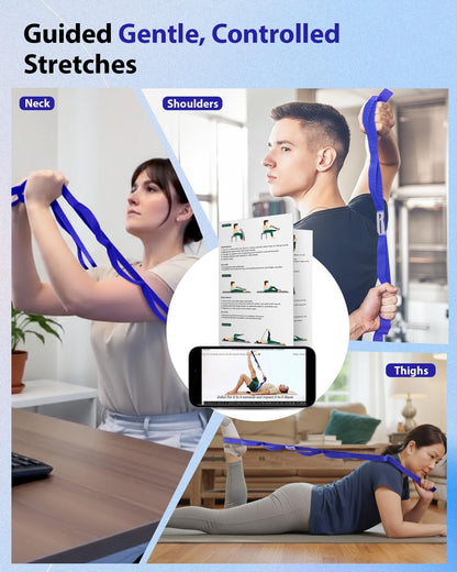 Stretching Strap with Loops & Leg Lifter, Non-Elastic PT-Style Physical Therapy Strap for Knee Replacement Rehab, Hamstring, Calf & Back Stretcher Mobility, Hip, Shoulder & Yoga