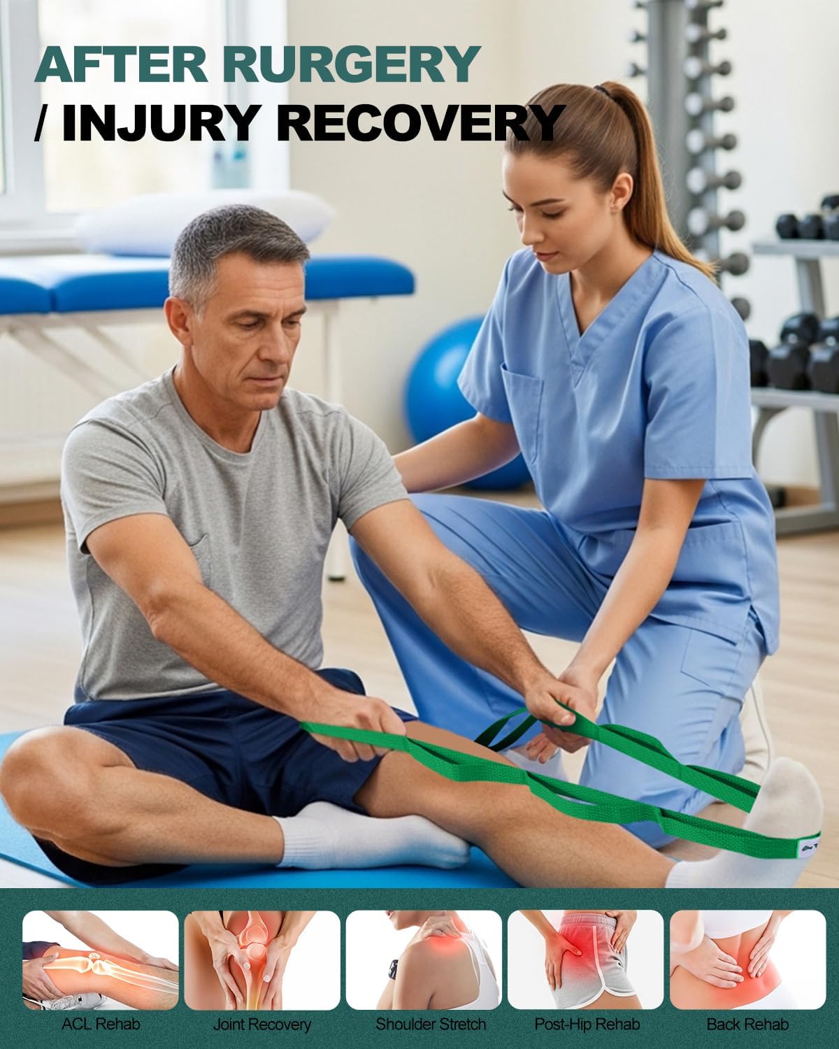 Stretching Strap with Loops & Leg Lifter, Non-Elastic PT-Style Physical Therapy Strap for Knee Replacement Rehab, Hamstring, Calf & Back Stretcher Mobility, Hip, Shoulder & Yoga