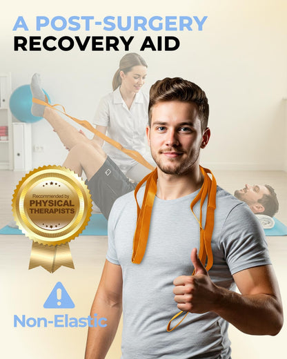 Stretching Strap with Loops & Leg Lifter, Non-Elastic PT-Style Physical Therapy Strap for Knee Replacement Rehab, Hamstring, Calf & Back Stretcher Mobility, Hip, Shoulder & Yoga