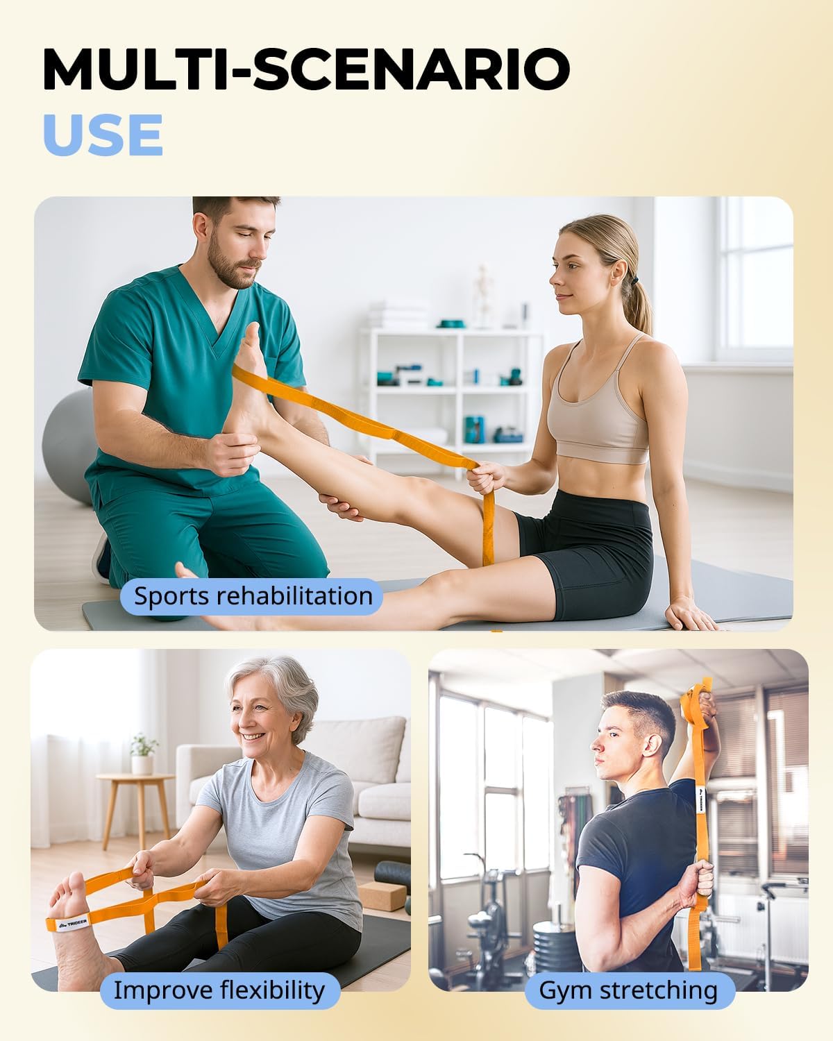 Stretching Strap with Loops & Leg Lifter, Non-Elastic PT-Style Physical Therapy Strap for Knee Replacement Rehab, Hamstring, Calf & Back Stretcher Mobility, Hip, Shoulder & Yoga