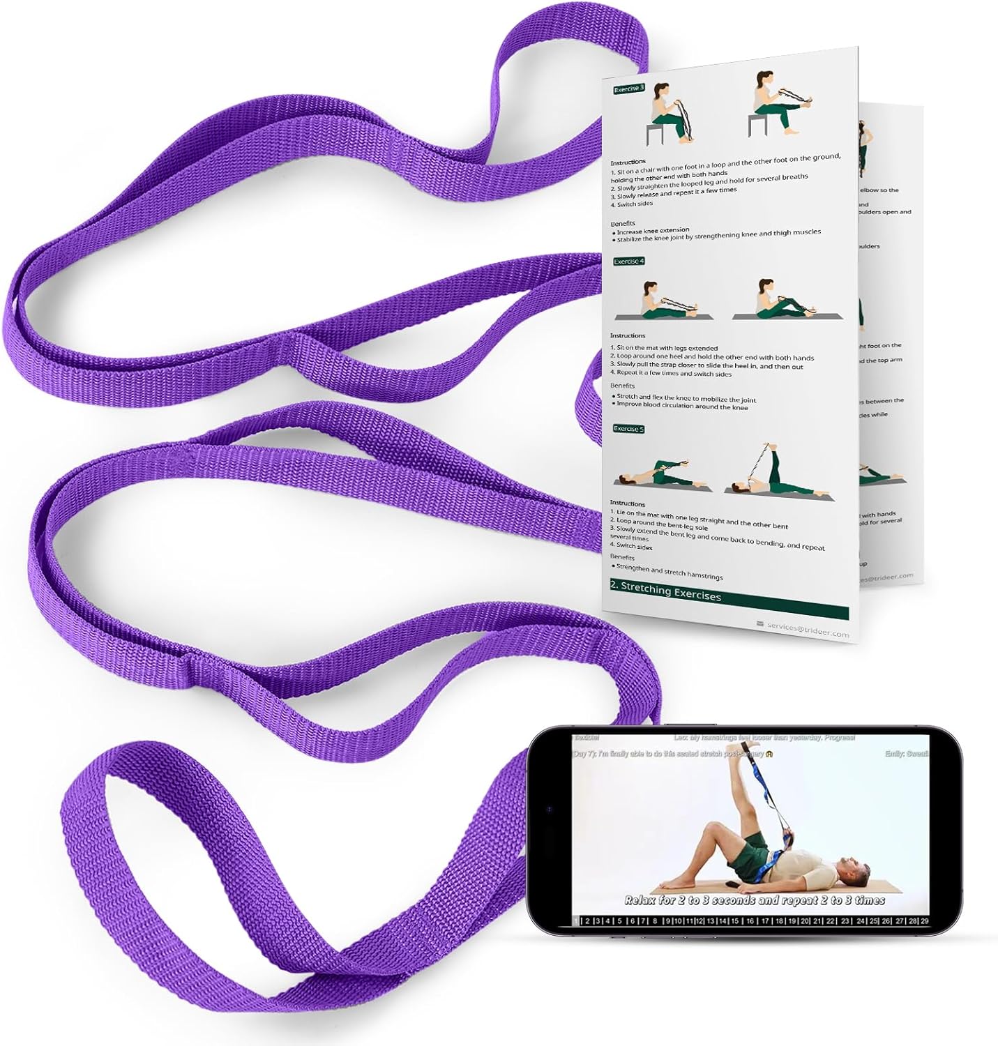 Stretching Strap with Loops & Leg Lifter, Non-Elastic PT-Style Physical Therapy Strap for Knee Replacement Rehab, Hamstring, Calf & Back Stretcher Mobility, Hip, Shoulder & Yoga
