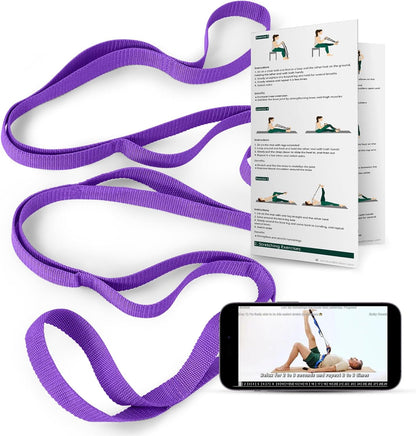 Stretching Strap with Loops & Leg Lifter, Non-Elastic PT-Style Physical Therapy Strap for Knee Replacement Rehab, Hamstring, Calf & Back Stretcher Mobility, Hip, Shoulder & Yoga