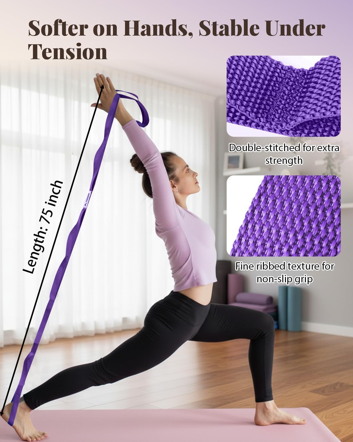 Stretching Strap with Loops & Leg Lifter, Non-Elastic PT-Style Physical Therapy Strap for Knee Replacement Rehab, Hamstring, Calf & Back Stretcher Mobility, Hip, Shoulder & Yoga
