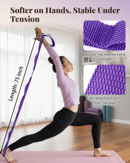 Stretching Strap with Loops & Leg Lifter, Non-Elastic PT-Style Physical Therapy Strap for Knee Replacement Rehab, Hamstring, Calf & Back Stretcher Mobility, Hip, Shoulder & Yoga
