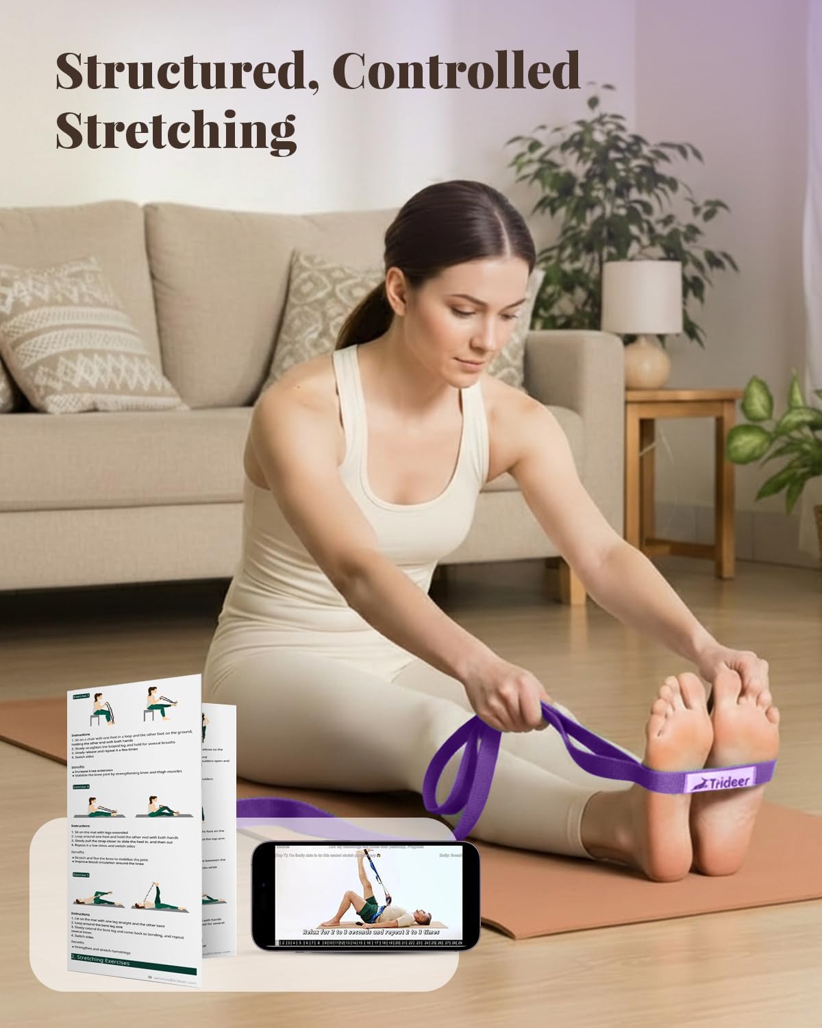 Stretching Strap with Loops & Leg Lifter, Non-Elastic PT-Style Physical Therapy Strap for Knee Replacement Rehab, Hamstring, Calf & Back Stretcher Mobility, Hip, Shoulder & Yoga