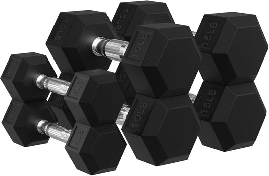 Signature Fitness Rubber Encased Hex Dumbbells with Optional Rack, 10 15 20LB Pairs and 5, 10 and 15 Pairs Weight Sets for Home Gym