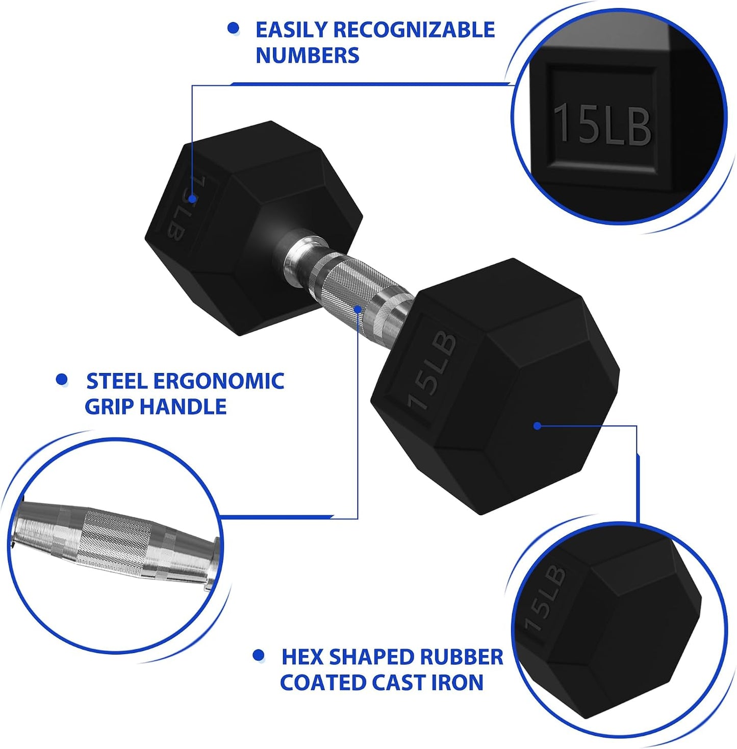 Signature Fitness Rubber Encased Hex Dumbbells with Optional Rack, 10 15 20LB Pairs and 5, 10 and 15 Pairs Weight Sets for Home Gym