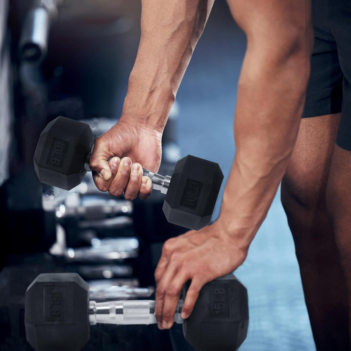 Signature Fitness Rubber Encased Hex Dumbbells with Optional Rack, 10 15 20LB Pairs and 5, 10 and 15 Pairs Weight Sets for Home Gym