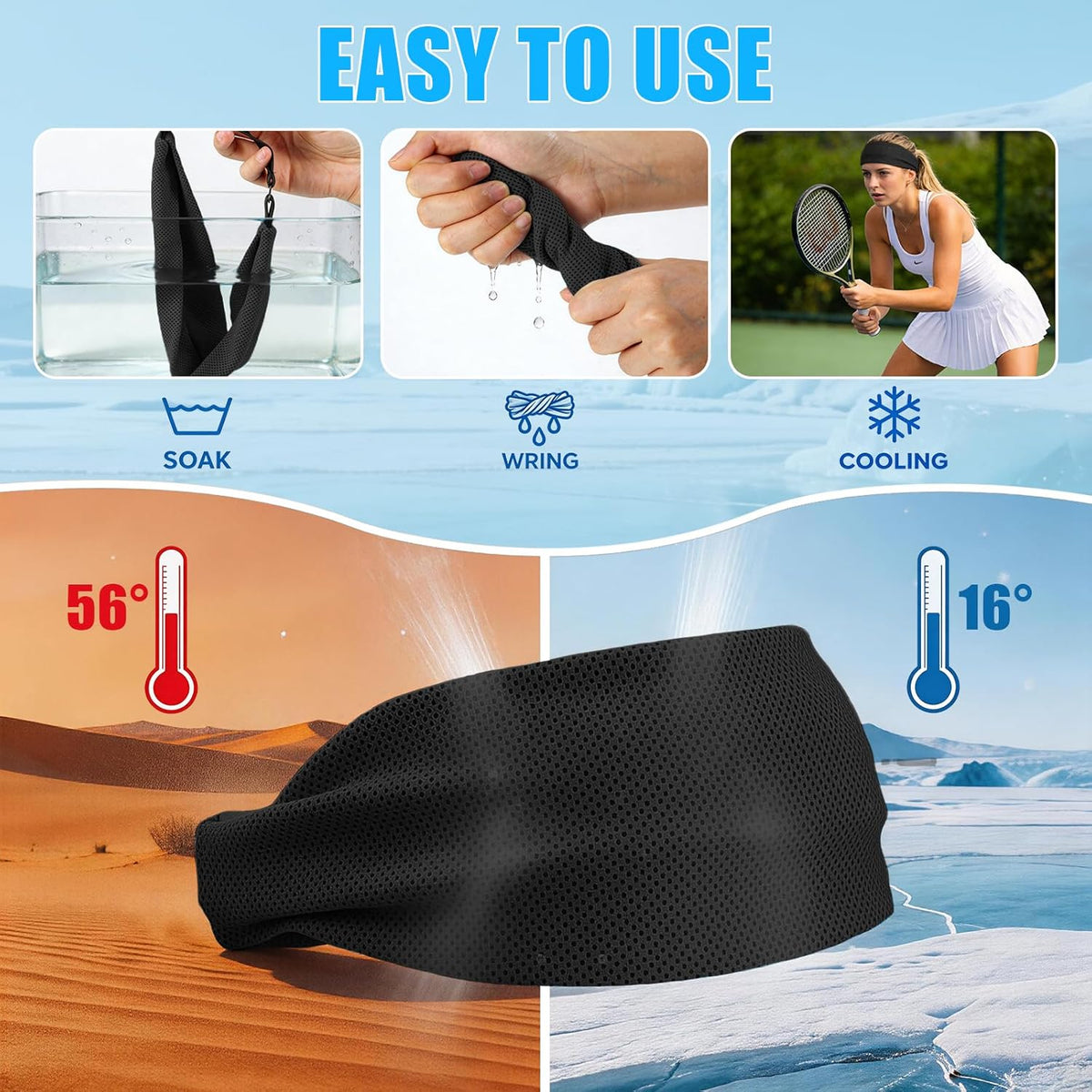 Cooling Headbands for Women&Men - Adjustable Non-Slip Sweatbands, Instant Cooling Moisture Wicking Sports Headbands for Running Yoga Fitness Gym