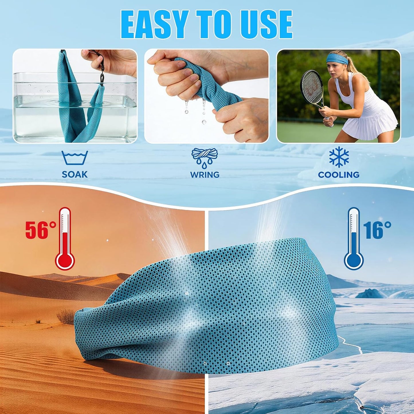 Cooling Headbands for Women&Men - Adjustable Non-Slip Sweatbands, Instant Cooling Moisture Wicking Sports Headbands for Running Yoga Fitness Gym