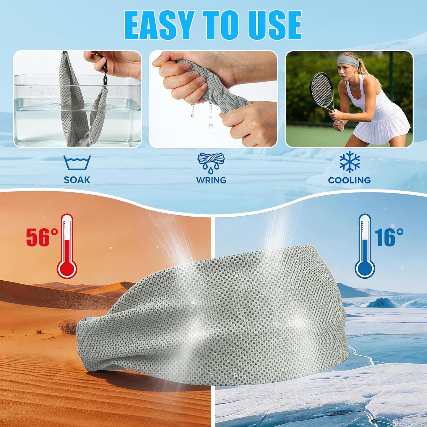 Cooling Headbands for Women&Men - Adjustable Non-Slip Sweatbands, Instant Cooling Moisture Wicking Sports Headbands for Running Yoga Fitness Gym