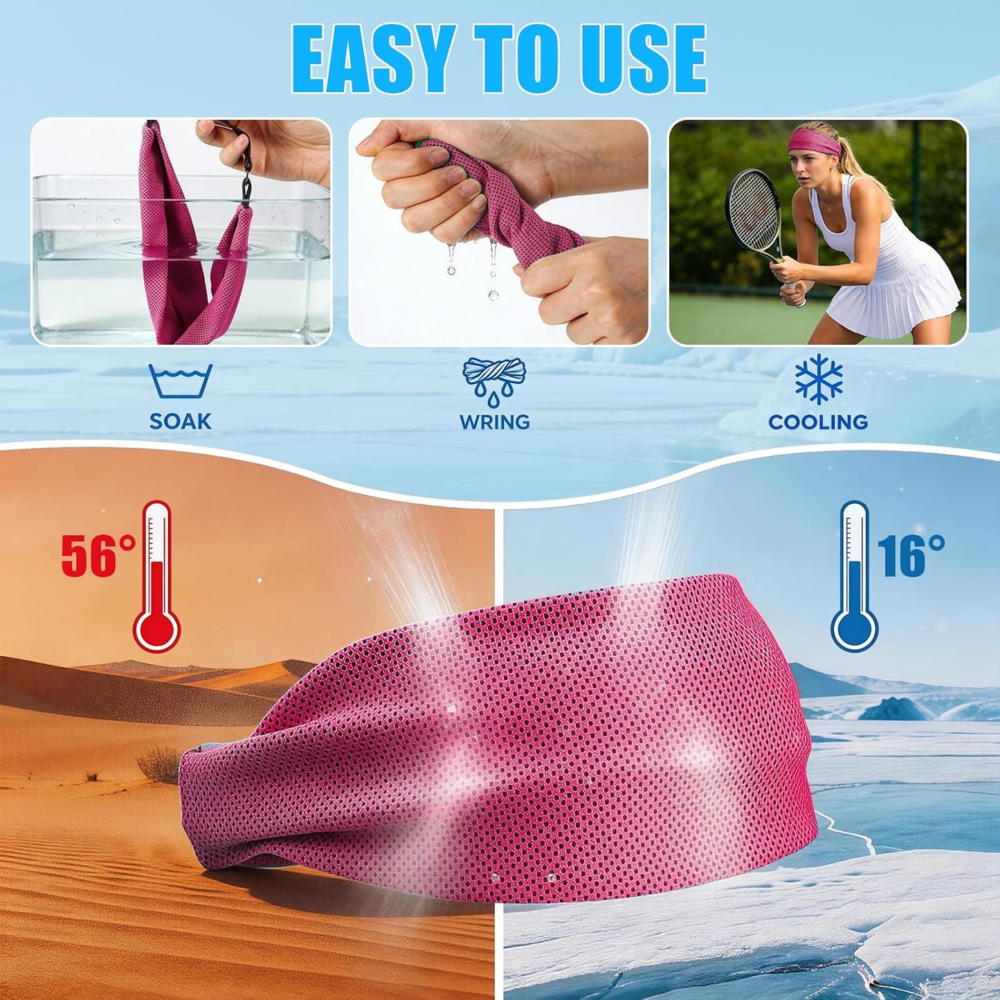 Cooling Headbands for Women&Men - Adjustable Non-Slip Sweatbands, Instant Cooling Moisture Wicking Sports Headbands for Running Yoga Fitness Gym