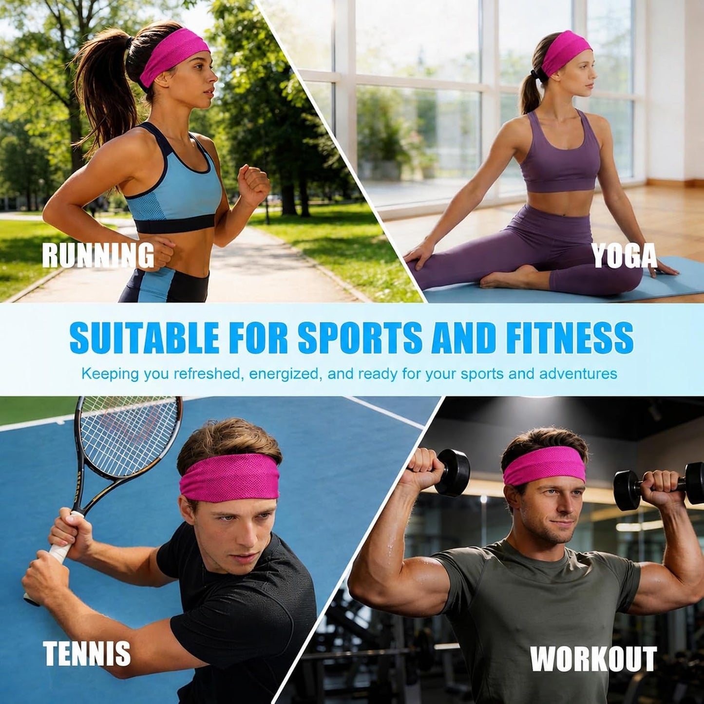Cooling Headbands for Women&Men - Adjustable Non-Slip Sweatbands, Instant Cooling Moisture Wicking Sports Headbands for Running Yoga Fitness Gym