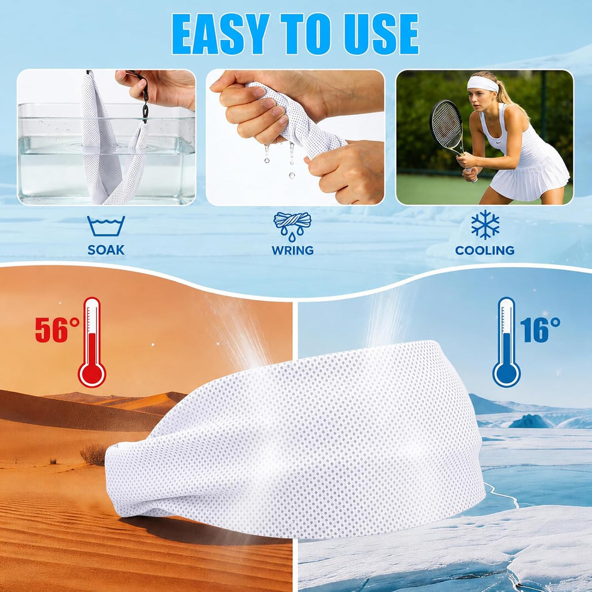 Cooling Headbands for Women&Men - Adjustable Non-Slip Sweatbands, Instant Cooling Moisture Wicking Sports Headbands for Running Yoga Fitness Gym