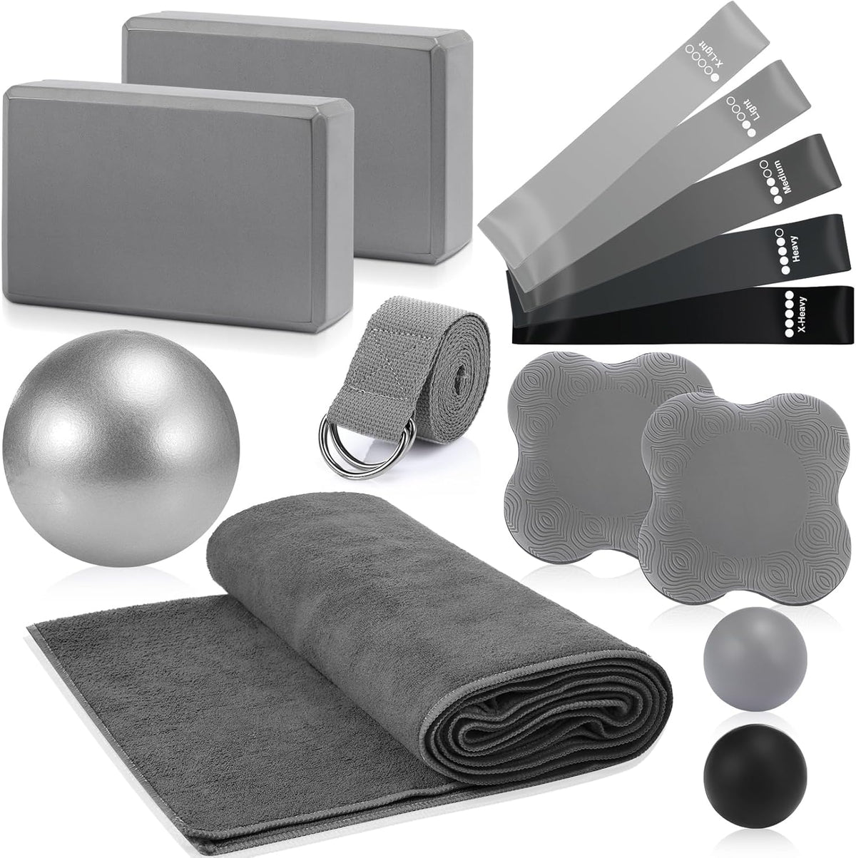 14 Pcs Yoga Kits for Home Workouts Pilates Equipment Set for Women Beginners, Hot Yoga Towel Blocks Strap, Knee Pad, Resistance Loop Exercise Band, Massage Lacrosse Ball, Pilates Ball