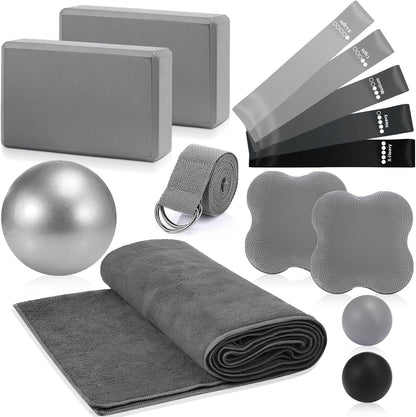 14 Pcs Yoga Kits for Home Workouts Pilates Equipment Set for Women Beginners, Hot Yoga Towel Blocks Strap, Knee Pad, Resistance Loop Exercise Band, Massage Lacrosse Ball, Pilates Ball