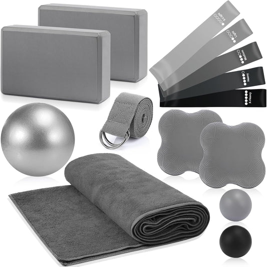 14 Pcs Yoga Kits for Home Workouts Pilates Equipment Set for Women Beginners, Hot Yoga Towel Blocks Strap, Knee Pad, Resistance Loop Exercise Band, Massage Lacrosse Ball, Pilates Ball