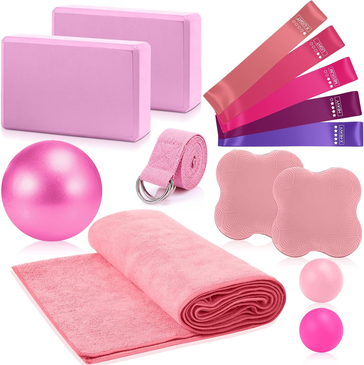 14 Pcs Yoga Kits for Home Workouts Pilates Equipment Set for Women Beginners, Hot Yoga Towel Blocks Strap, Knee Pad, Resistance Loop Exercise Band, Massage Lacrosse Ball, Pilates Ball