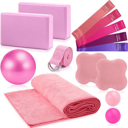 14 Pcs Yoga Kits for Home Workouts Pilates Equipment Set for Women Beginners, Hot Yoga Towel Blocks Strap, Knee Pad, Resistance Loop Exercise Band, Massage Lacrosse Ball, Pilates Ball