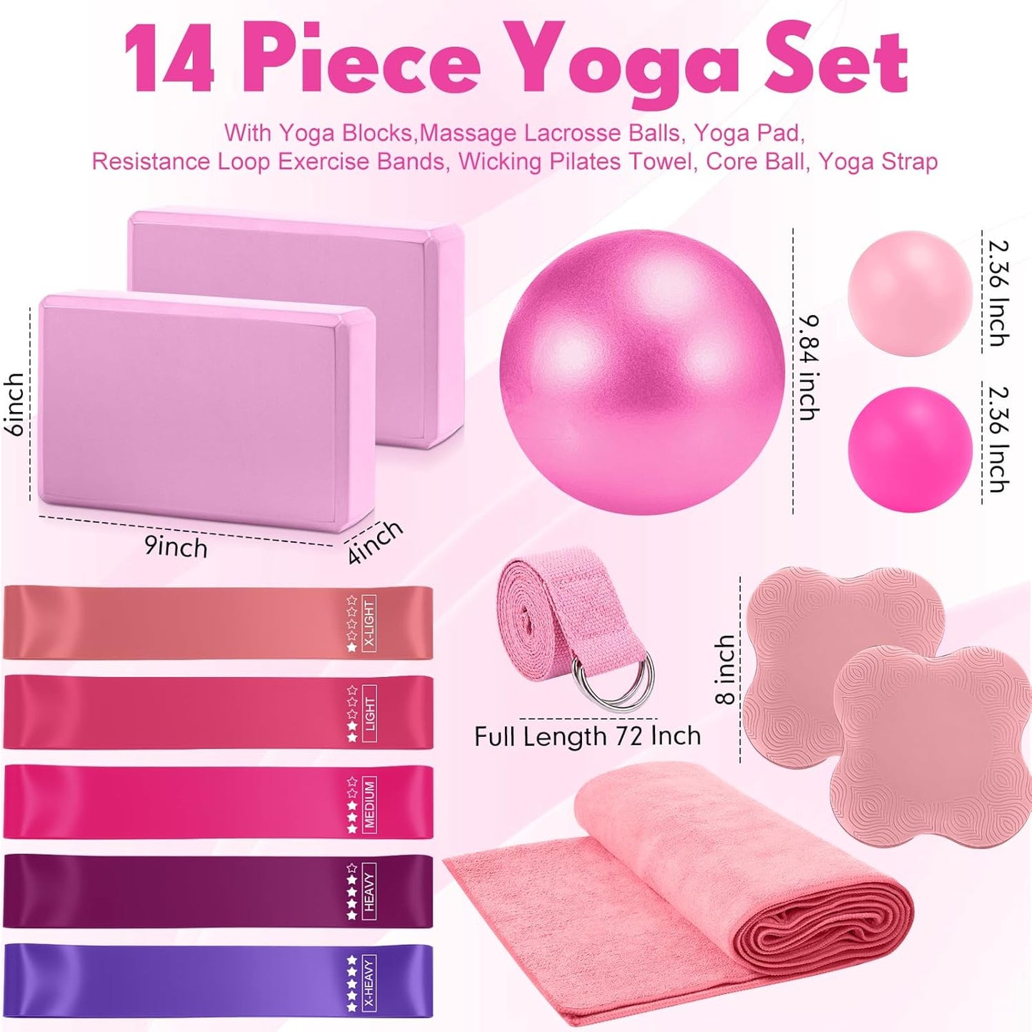 14 Pcs Yoga Kits for Home Workouts Pilates Equipment Set for Women Beginners, Hot Yoga Towel Blocks Strap, Knee Pad, Resistance Loop Exercise Band, Massage Lacrosse Ball, Pilates Ball