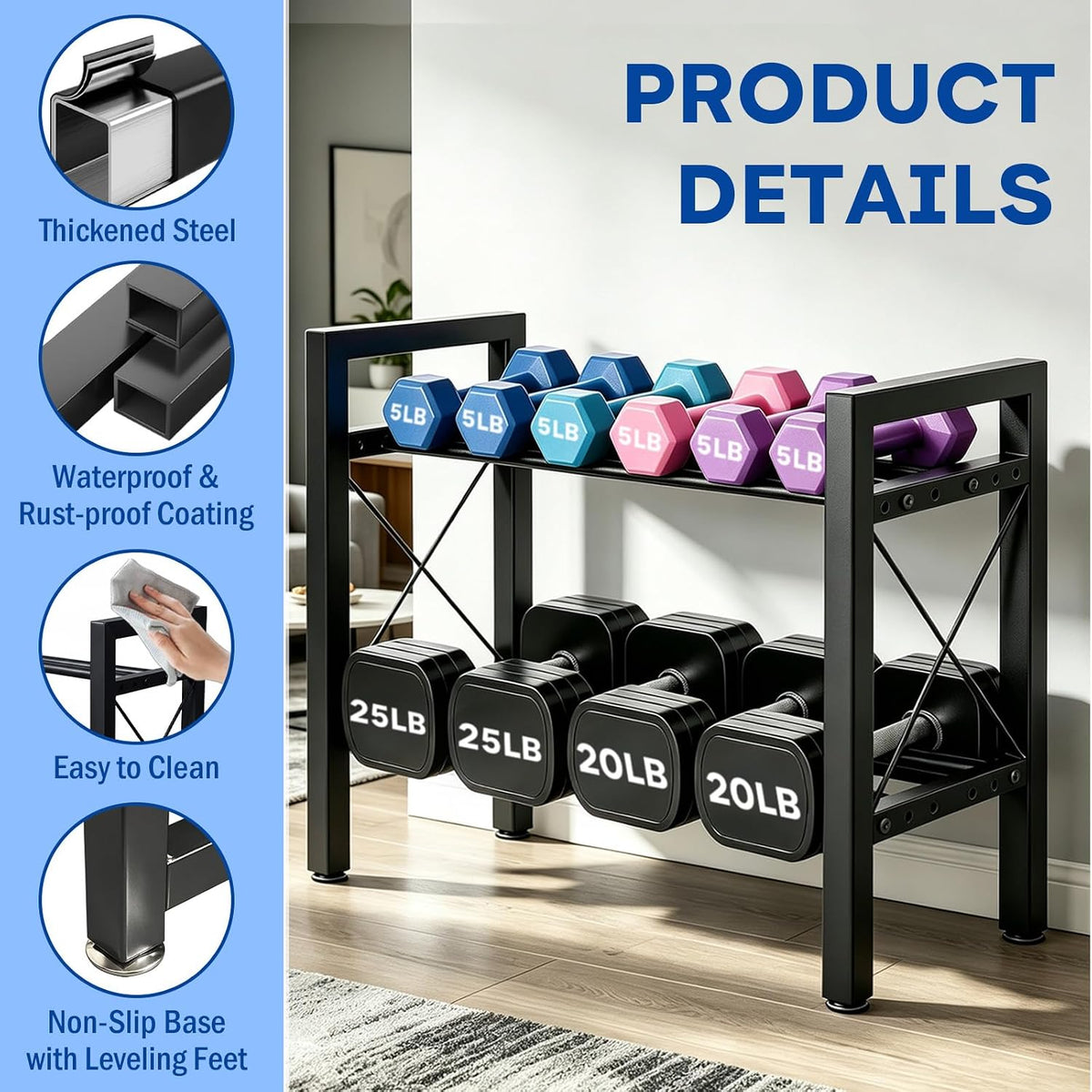 Dumbbell Rack Stand Only, 2 Tier | 3 Tier Adjustable Weight Rack | Carbon Steel, Stable Compact H-Frame, Custom Bar Gap, Non-Slip Base, Waterproof Rust-Proof Coating, For Home Gym Garage