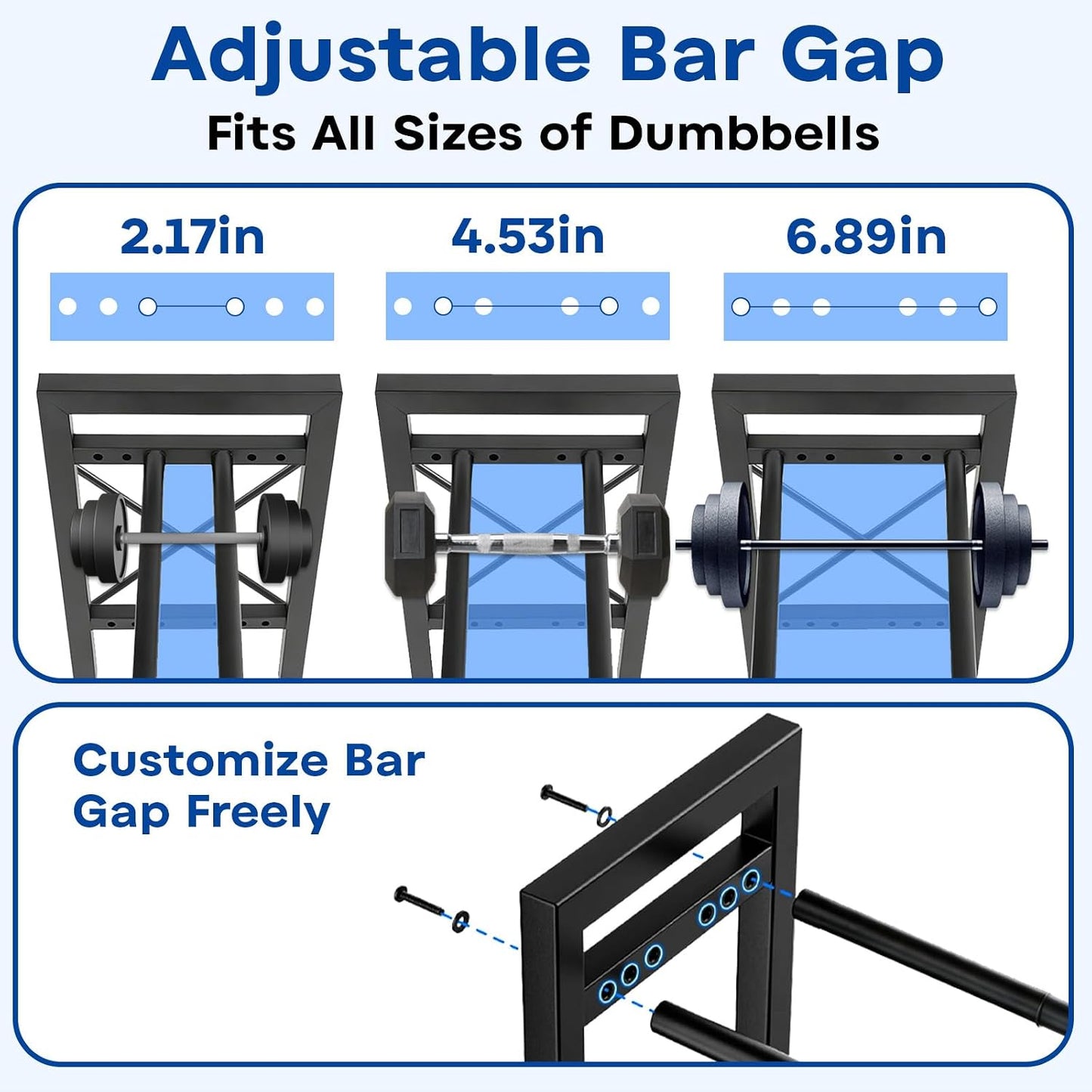 Dumbbell Rack Stand Only, 2 Tier | 3 Tier Adjustable Weight Rack | Carbon Steel, Stable Compact H-Frame, Custom Bar Gap, Non-Slip Base, Waterproof Rust-Proof Coating, For Home Gym Garage
