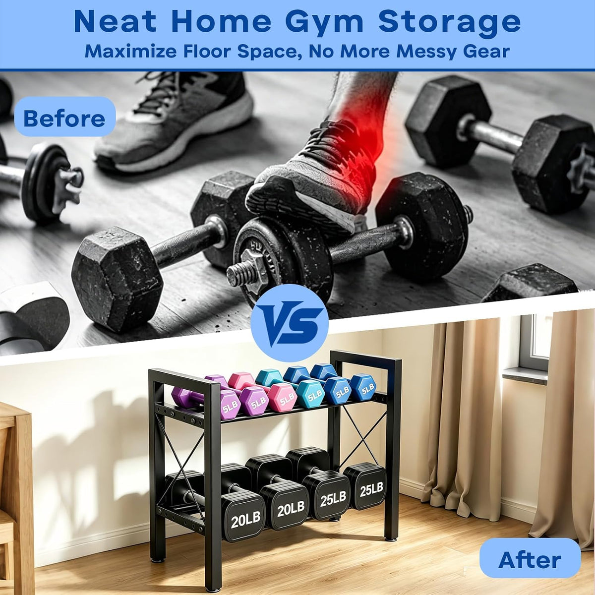 Dumbbell Rack Stand Only, 2 Tier | 3 Tier Adjustable Weight Rack | Carbon Steel, Stable Compact H-Frame, Custom Bar Gap, Non-Slip Base, Waterproof Rust-Proof Coating, For Home Gym Garage