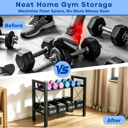 Dumbbell Rack Stand Only, 2 Tier | 3 Tier Adjustable Weight Rack | Carbon Steel, Stable Compact H-Frame, Custom Bar Gap, Non-Slip Base, Waterproof Rust-Proof Coating, For Home Gym Garage