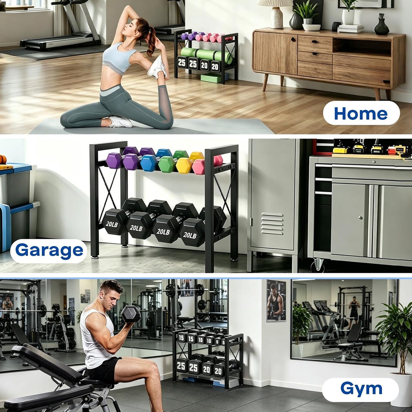 Dumbbell Rack Stand Only, 2 Tier | 3 Tier Adjustable Weight Rack | Carbon Steel, Stable Compact H-Frame, Custom Bar Gap, Non-Slip Base, Waterproof Rust-Proof Coating, For Home Gym Garage