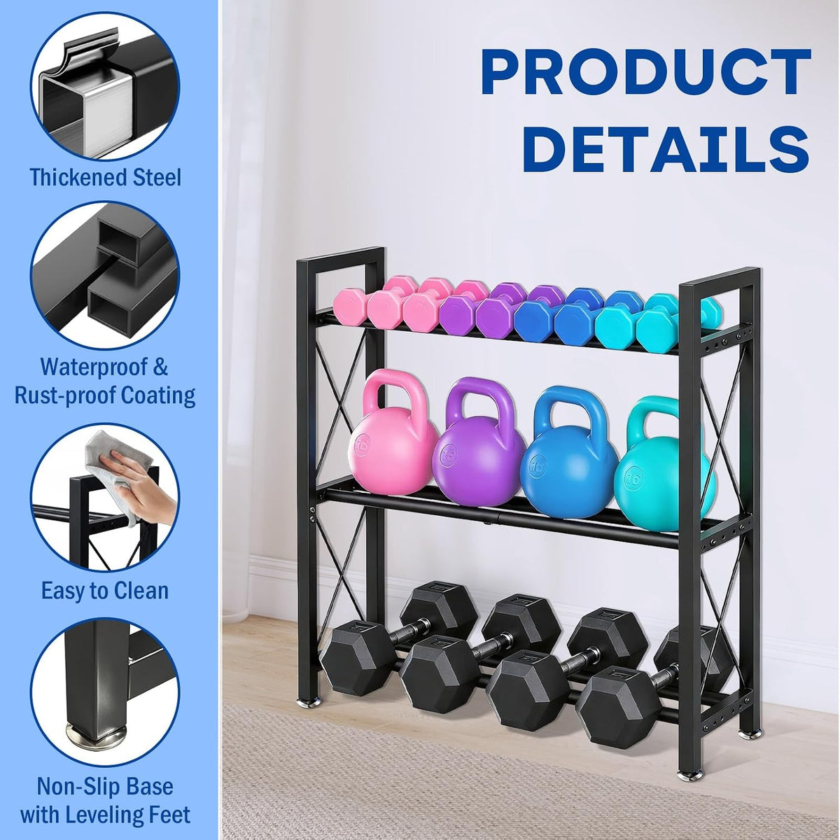 Dumbbell Rack Stand Only, 2 Tier | 3 Tier Adjustable Weight Rack | Carbon Steel, Stable Compact H-Frame, Custom Bar Gap, Non-Slip Base, Waterproof Rust-Proof Coating, For Home Gym Garage