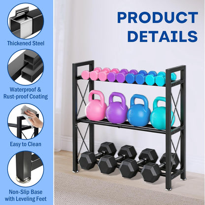 Dumbbell Rack Stand Only, 2 Tier | 3 Tier Adjustable Weight Rack | Carbon Steel, Stable Compact H-Frame, Custom Bar Gap, Non-Slip Base, Waterproof Rust-Proof Coating, For Home Gym Garage