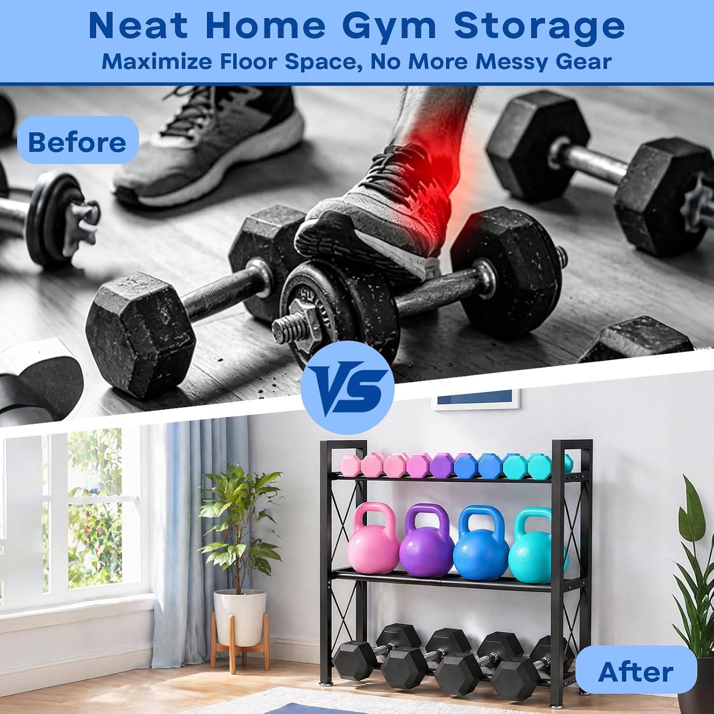 Dumbbell Rack Stand Only, 2 Tier | 3 Tier Adjustable Weight Rack | Carbon Steel, Stable Compact H-Frame, Custom Bar Gap, Non-Slip Base, Waterproof Rust-Proof Coating, For Home Gym Garage
