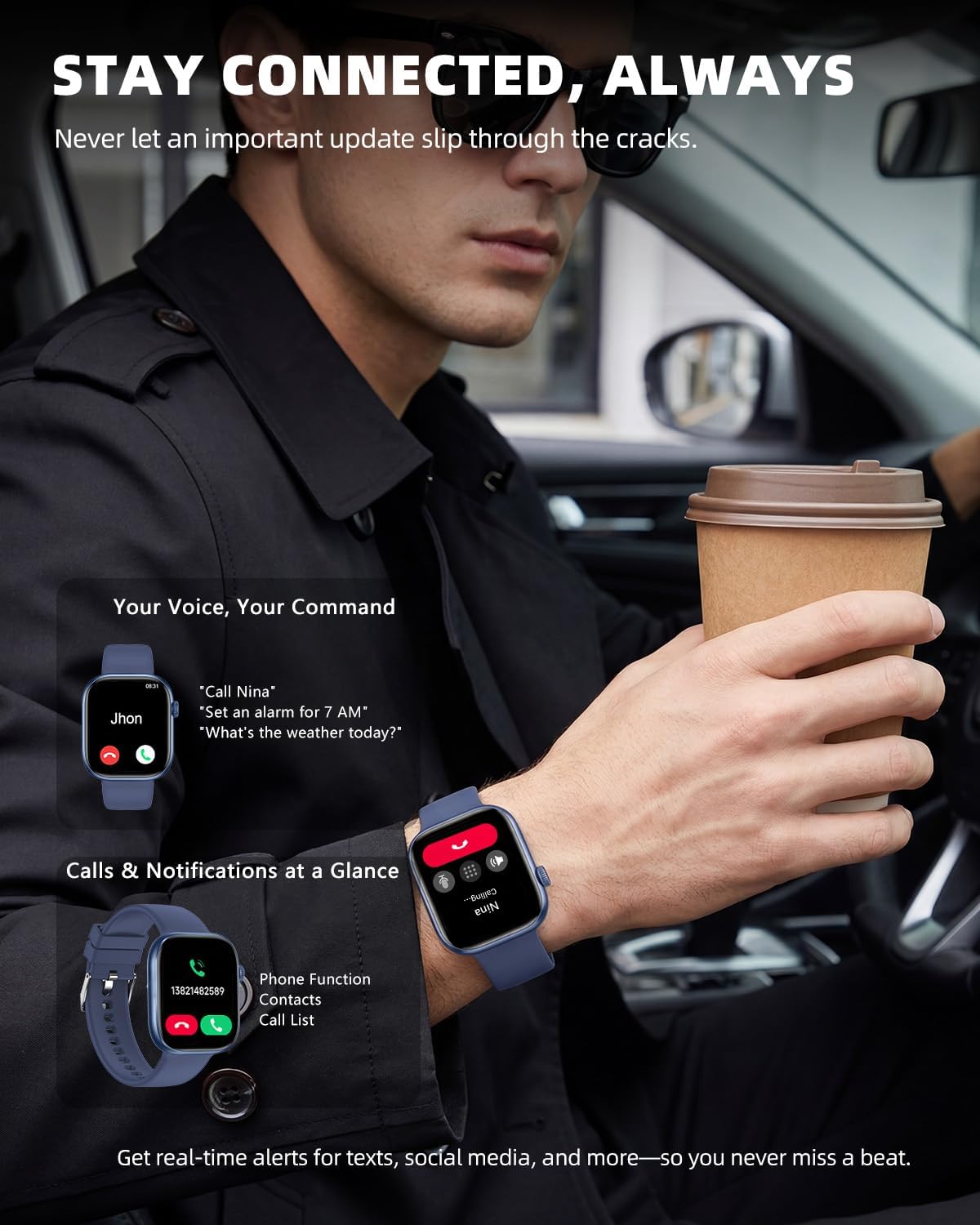 Smart Watch for Women Men, Fitness and Sleep Trackers with 1.83" HD Touchscreen, Bluetooth Calling Smartwatch for Android/iOS, IP67 Waterproof Multi-Sport Modes Pedometer, Jet Black