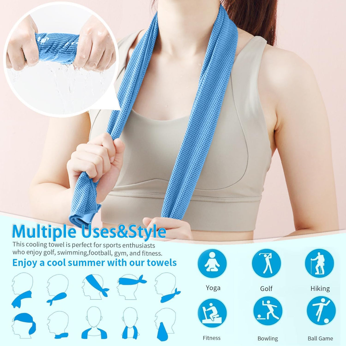 5 Pack Cooling Towels, 40 Inches x 12 Inches, Breathable Soft Chilly Microfiber Towel for Yoga, Sport, Running, Workout, Gym, Camping and Fitness, Multicolor