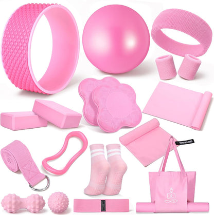 17 Pcs Yoga Essential Kit for Women, Pilates Equipment Starter Set for Beginners with Yoga Wheel Ball Blocks Strap Resistance Bands Wrist Rings Socks Towel & Carry Bag for Home Workouts