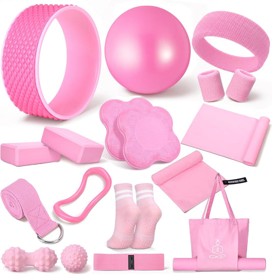 17 Pcs Yoga Essential Kit for Women, Pilates Equipment Starter Set for Beginners with Yoga Wheel Ball Blocks Strap Resistance Bands Wrist Rings Socks Towel & Carry Bag for Home Workouts