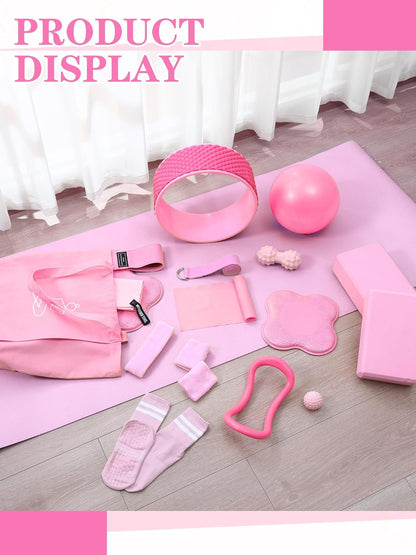 17 Pcs Yoga Essential Kit for Women, Pilates Equipment Starter Set for Beginners with Yoga Wheel Ball Blocks Strap Resistance Bands Wrist Rings Socks Towel & Carry Bag for Home Workouts