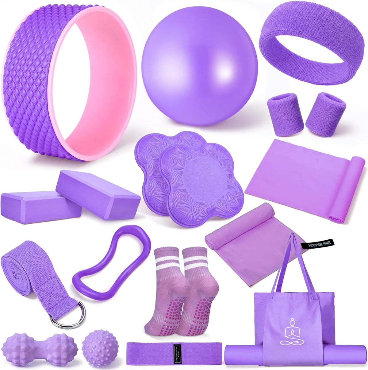 17 Pcs Yoga Essential Kit for Women, Pilates Equipment Starter Set for Beginners with Yoga Wheel Ball Blocks Strap Resistance Bands Wrist Rings Socks Towel & Carry Bag for Home Workouts