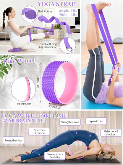 17 Pcs Yoga Essential Kit for Women, Pilates Equipment Starter Set for Beginners with Yoga Wheel Ball Blocks Strap Resistance Bands Wrist Rings Socks Towel & Carry Bag for Home Workouts