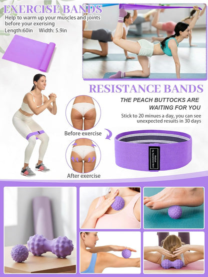 17 Pcs Yoga Essential Kit for Women, Pilates Equipment Starter Set for Beginners with Yoga Wheel Ball Blocks Strap Resistance Bands Wrist Rings Socks Towel & Carry Bag for Home Workouts