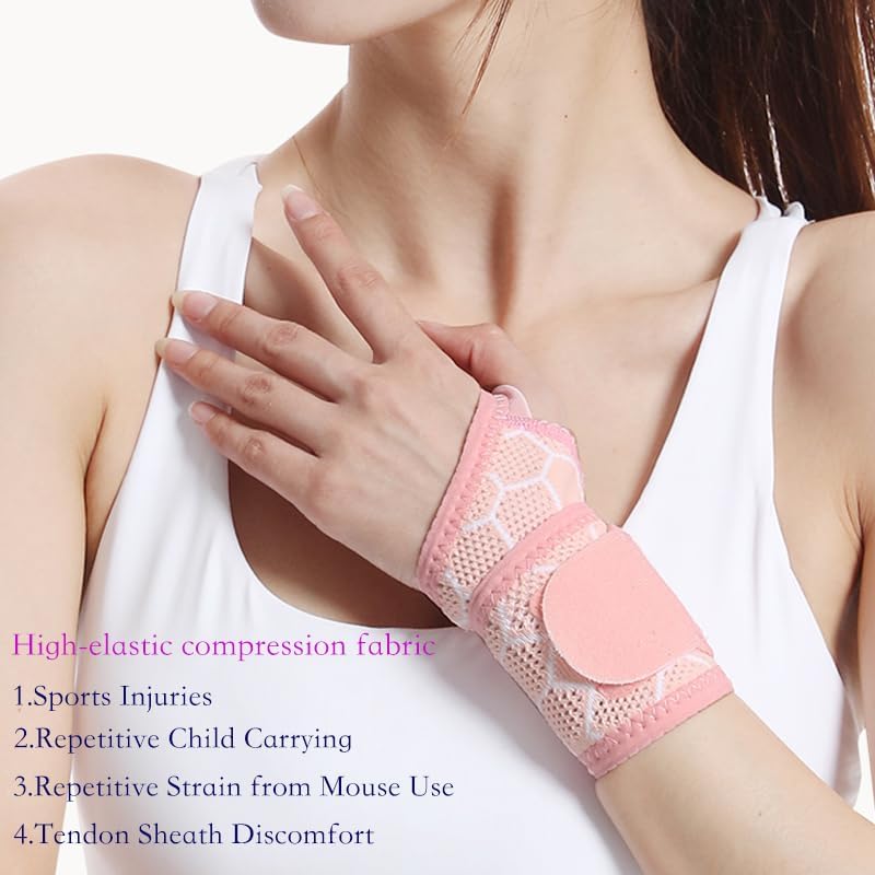Pink Wrist Brace 2 Pack, Adjustable Support for Women Workout | 2 Pack pink compression wrist wraps, high elastic breathable fabric, adjustable fit for yoga pilates gym daily work