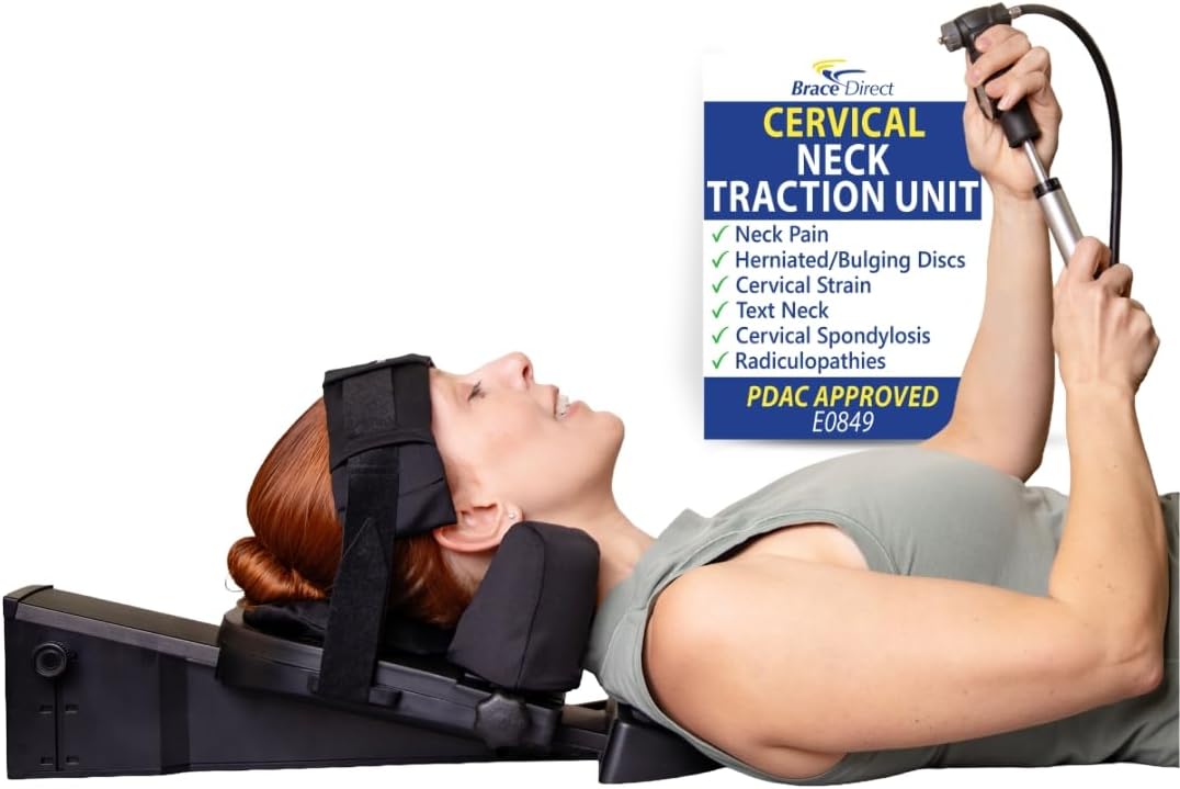 Cervical Traction Device - Spinal Decompression & Neck Pain Relief, Herniated Disc & Spondylosis Support with Hot Cold Therapy - E0849 (Portable - Adjustable Traction up to 40 lbs)