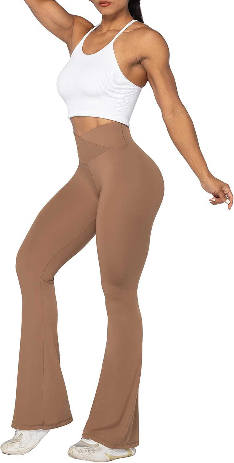 Flare Leggings, Crossover Yoga Pants with Tummy Control, High-Waisted and Wide Leg