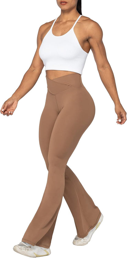 Flare Leggings, Crossover Yoga Pants with Tummy Control, High-Waisted and Wide Leg