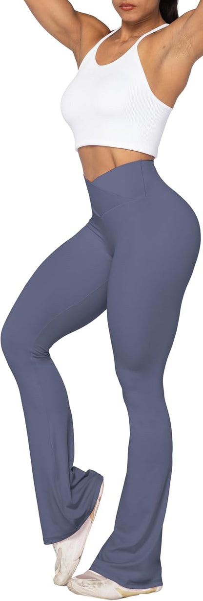 Flare Leggings, Crossover Yoga Pants with Tummy Control, High-Waisted and Wide Leg
