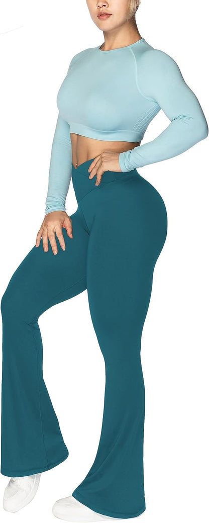 Flare Leggings, Crossover Yoga Pants with Tummy Control, High-Waisted and Wide Leg