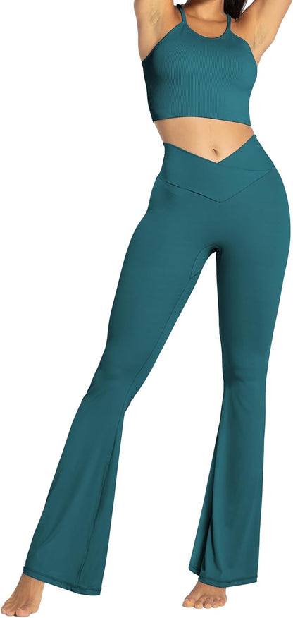Flare Leggings, Crossover Yoga Pants with Tummy Control, High-Waisted and Wide Leg