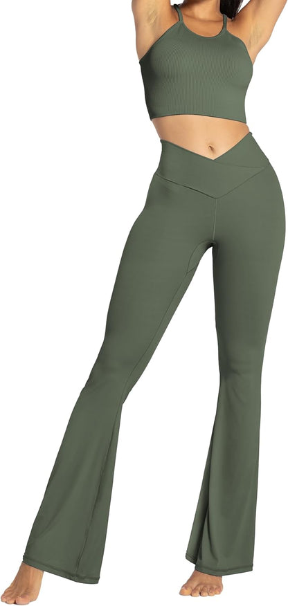 Flare Leggings, Crossover Yoga Pants with Tummy Control, High-Waisted and Wide Leg